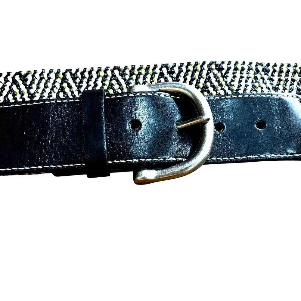 Woven belt with silvertone buckle black khaki & tan stretch casual geometric S